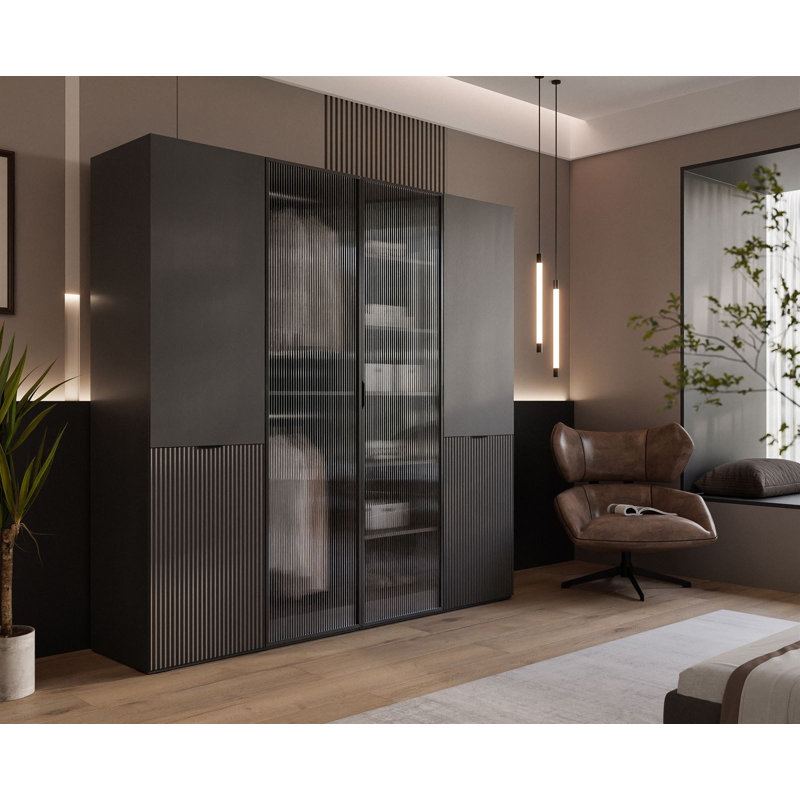 Manufactured Wood Wardrobe, Black Graphite/Fluted Glass