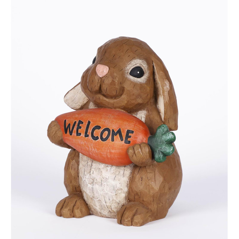 Brown Polyresin Rabbit Holding Carrot Welcome Sign Statue