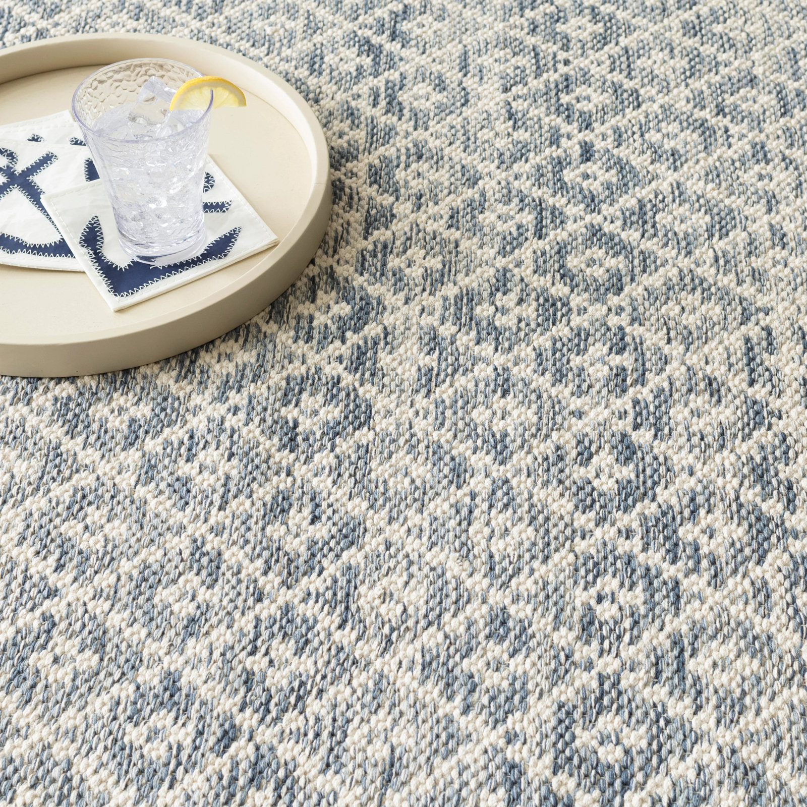 Melange Diamond Blue Handwoven Cotton Rug, Rectangle 5' x 8'