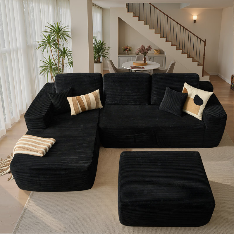 Boneless 106.3" Boneless Floor L-Shaped Sectional Sofa With Ottoman, No-Assembly Cloud Couch For Modern Living Spaces