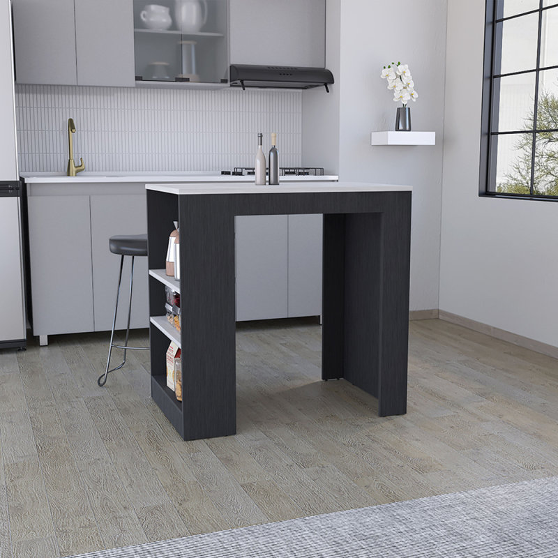 Portree Kitchen Island With 3-Side Shelves, Black/White