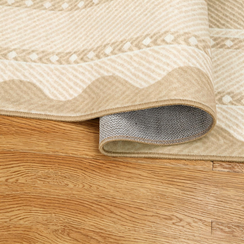 Rectangle Geometric Washable Area Rug, Cream, Runner 60 x 230 cm