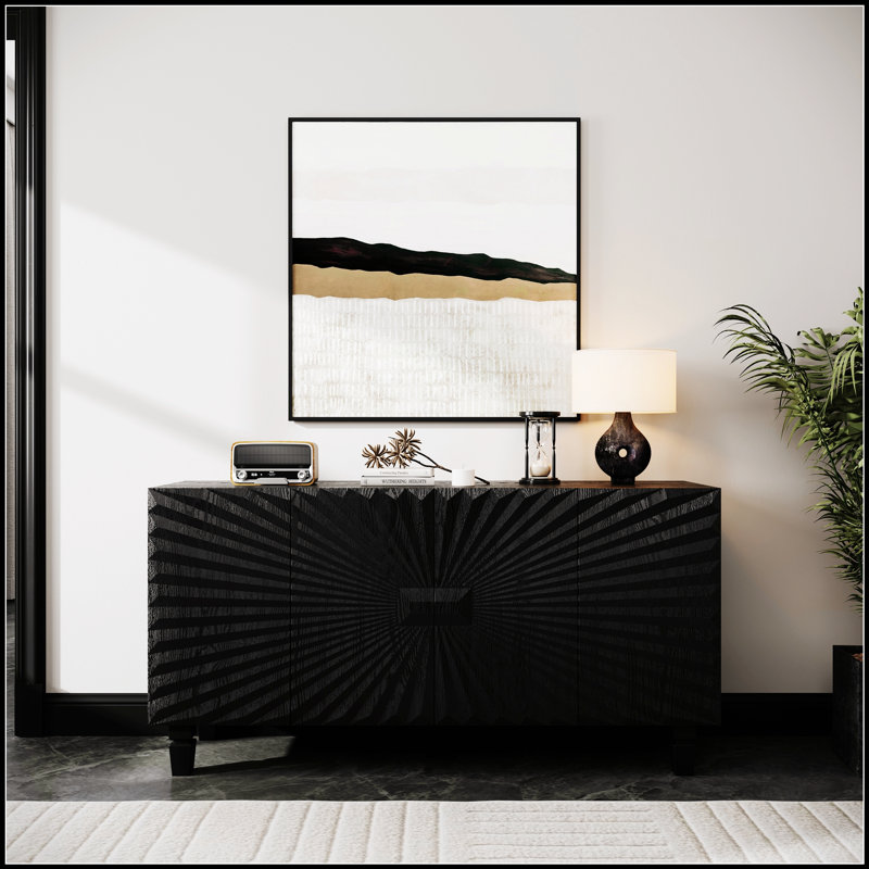 Buffet 59 po moderne avec 4 portes Sunburst, armoire de rangement avec pieds en bois massif, grand rangement pour la cuisine et la salle à manger