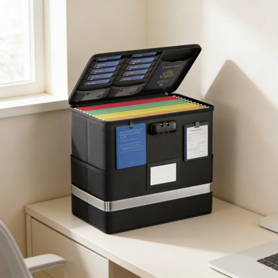 Fireproof File Box 12.2''X6''x10.2'' Black Document Storage Organizer With Lock Collapsible Reflective Strip
