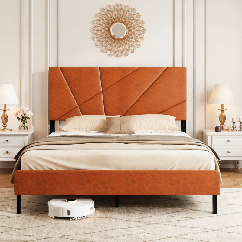 Cadre de lit grand format en métal, lit plateforme carré avec rangement sous le lit, aucun matelas à ressorts requis, brun rétro