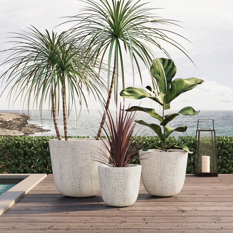 Rustic Crackle Durable MGO Outdoor Planter Set with Excellent Drainage, Beige