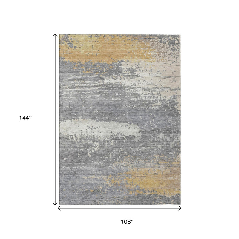 Tapis intérieur/extérieur lavable, motif abstrait or, gris et argent, 2,74 m x 3,66 m.