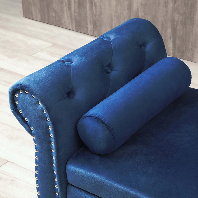 Banc de rangement en velours avec capitonnage à boutons et accoudoirs roulés, Bleu
