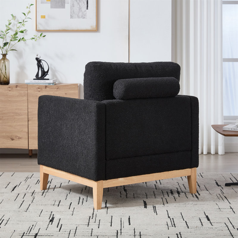 35.4 "Wide Modern Farmhouse Performance Accent Chair With Wood Legs, Wood Base Reading Armchair Single Sofa With Two Bolster Pillows For Living Room Offices And Lounge, Boucle.