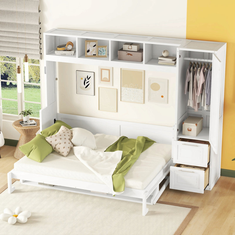 Lit escamotable Murphy avec placard et tiroirs, Blanc, Grand lit