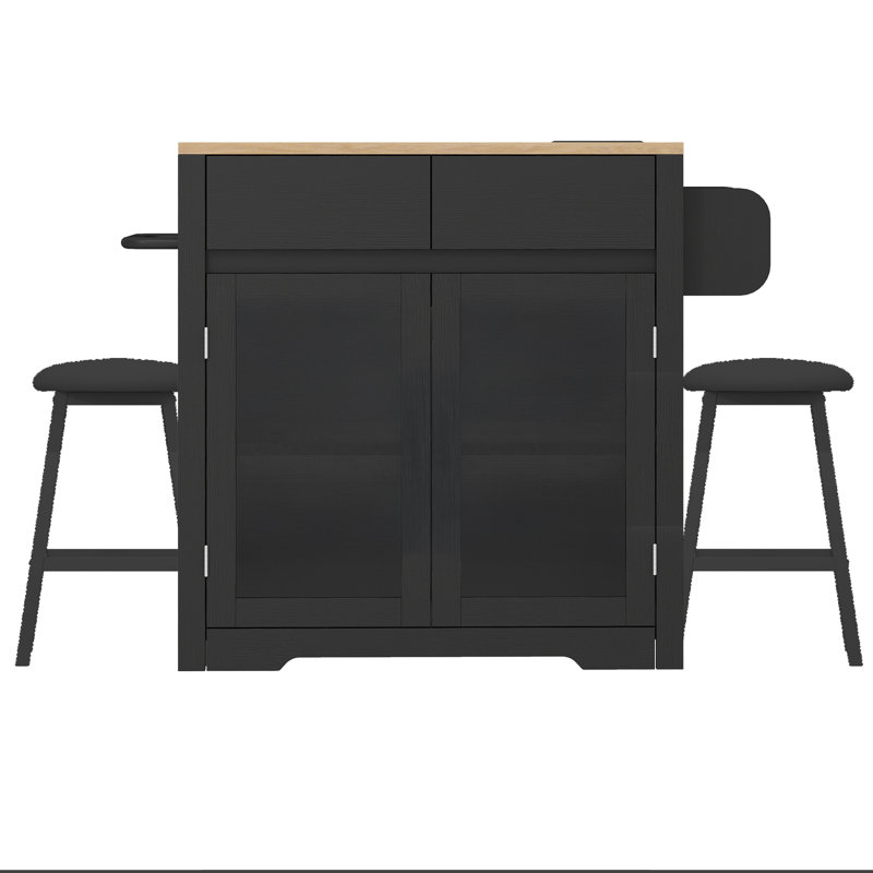 Balconera 3 Pieces Kitchen Island Set With Storage Cabinet, Drawers, Power Outlets & 2 Stools, Manufactured Wood, Black