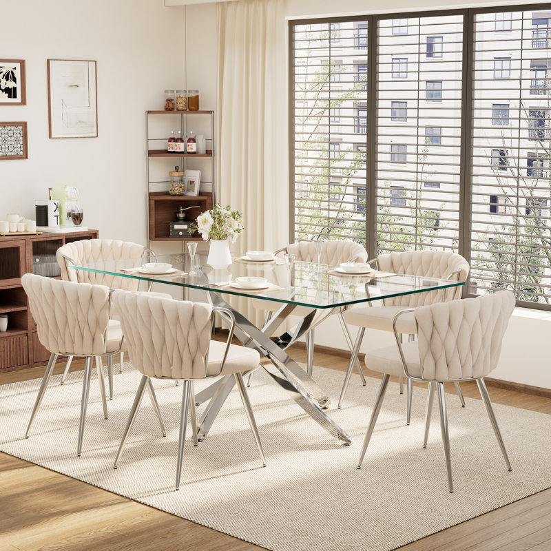 Ensemble de table à manger rectangulaire élégant pour 6 personnes, Beige, Argent argent, H 29,5 po x L 71 po x l 31,5 po