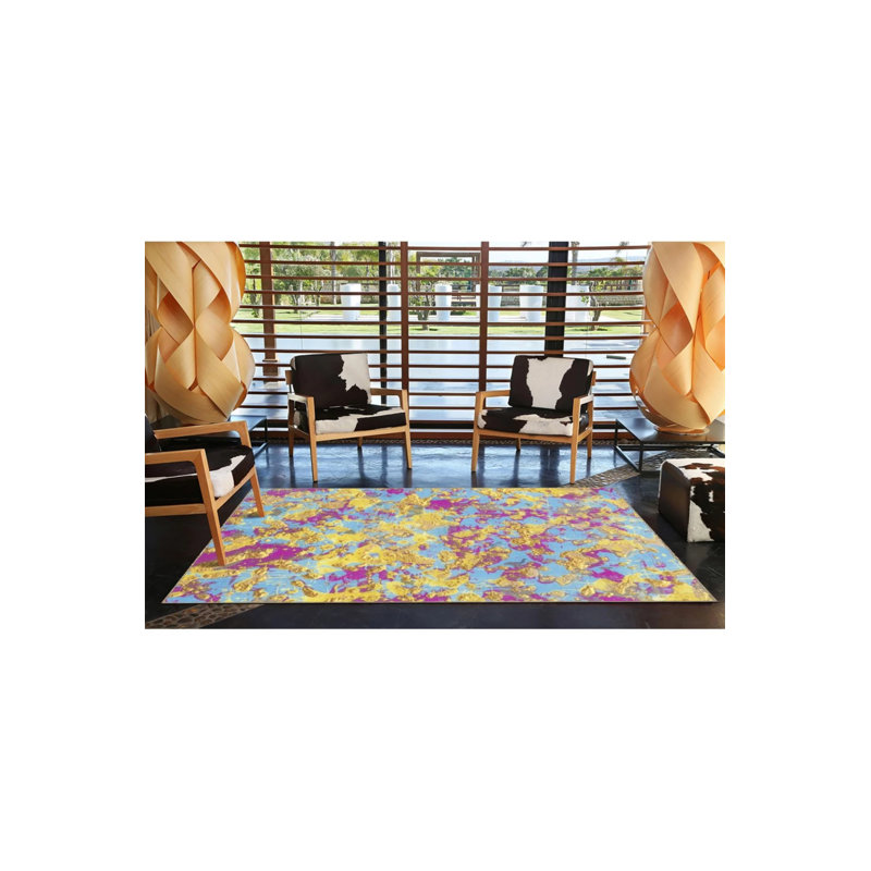 Yellow And Purple Dyed Woven Based Washable Carpet, Round 3'4"