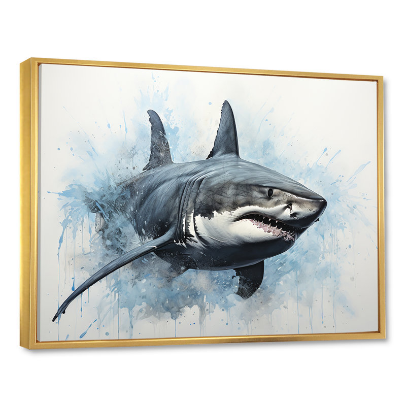 " Minimalism Blue Shark Painting I ", Gold Floater Framed, 30" H x 40" W x 1.5" D