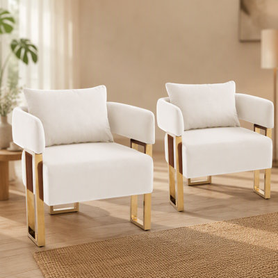 Modern decorative chair, living room side chair with gold metal legs, no wheels, suitable for dressing area, reception room, office,velvet fleece upholstered metal foot sofas 2PCS white