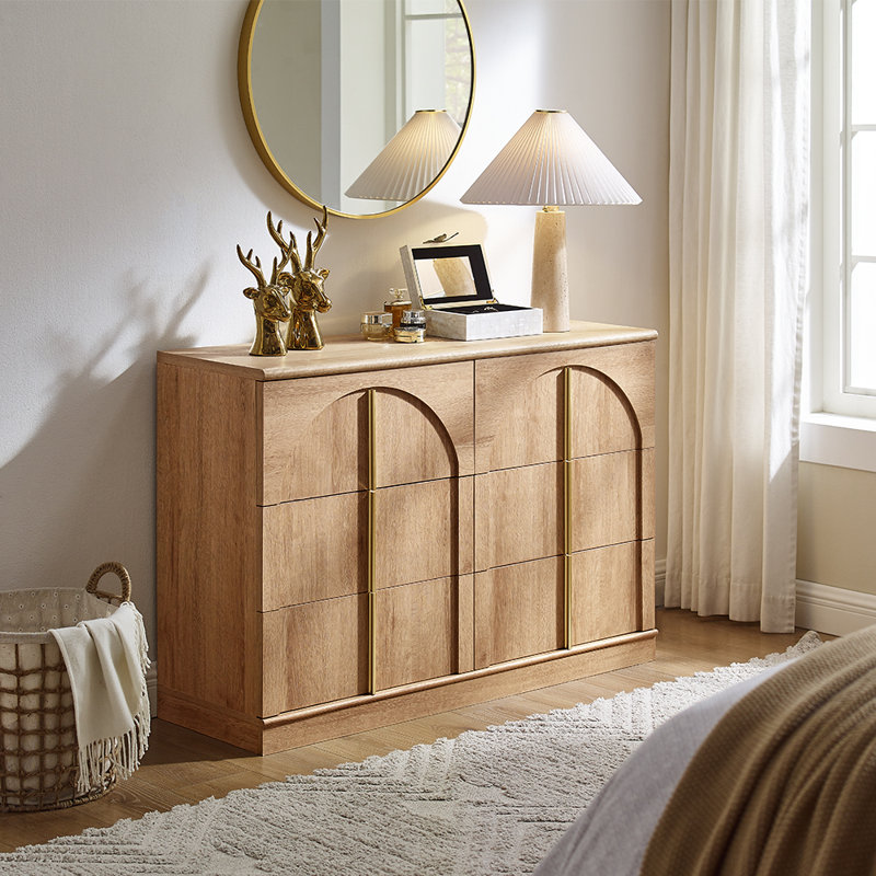 Commode 6 tiroirs Modern, large commode en bois de style arqué, brun clair, Tanné