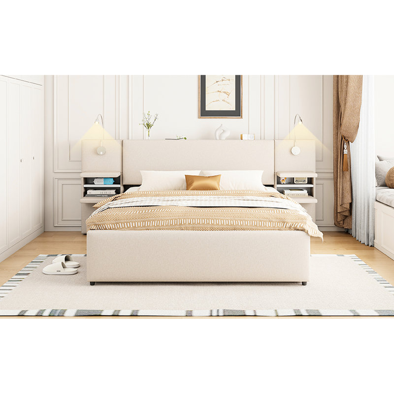Grand lit tapissier beige avec rangement latéral, lit gigogne et lampes de lecture, tête de lit escamotable, Beige