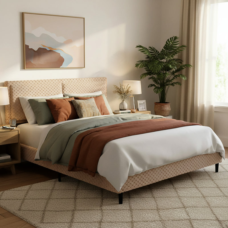 Grand lit de couleur chameau avec un tissu doux, trois et une conception simple pour la chambre à coucher - Décoration de style de soutien