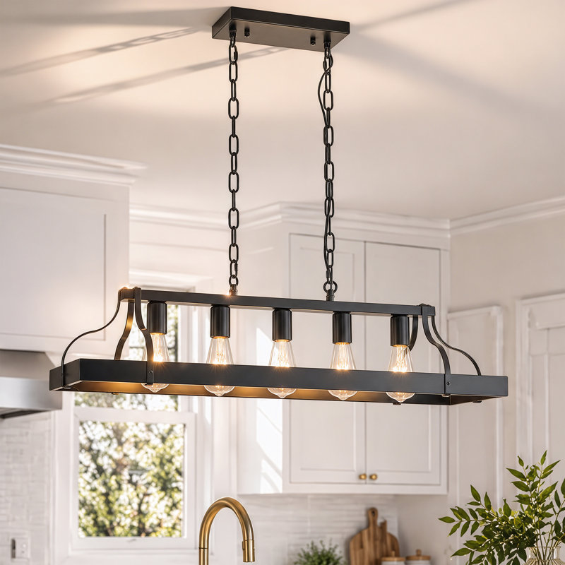 Luminaire suspendu 5 lumières noir mat de style campagnard, îlot de cuisine industriel avec chaînes de suspension réglables