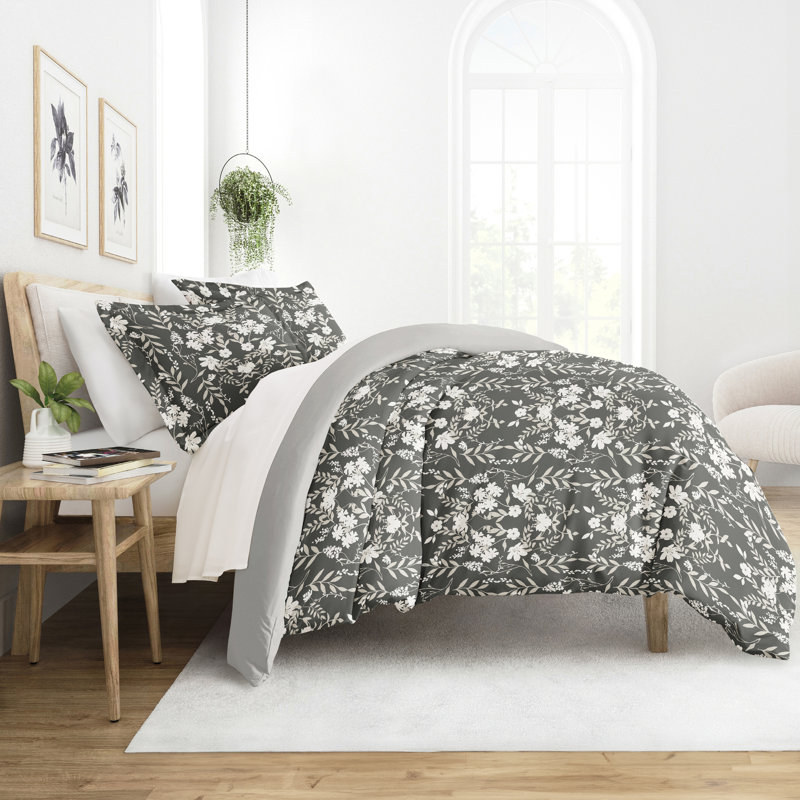 Black Floral Reversible Microfiber Full/Queen Duvet Cover Set
