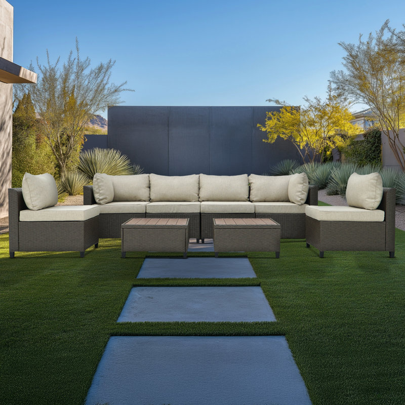 Deko Living 8-Piece Outdoor Sectional Wicker Sofa Set with Chairs and Tables, featuring Interchangeable Cushion Covers and Red Model