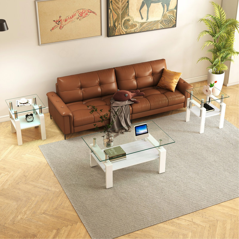 Ensemble de 2 tables à thé modernes en verre trempé, plateau en verre trempé avec panneau de fibres à densité moyenne, table basse, table de bout, table carrée pour le salon, transparent / blanc