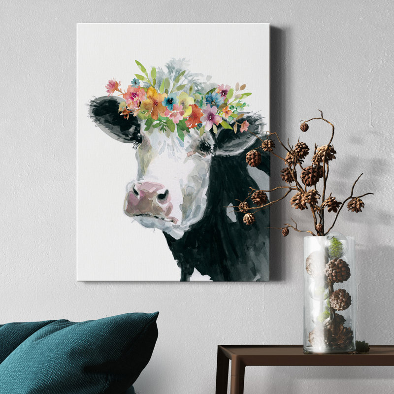 «Flower Crown Cow», reproduction d'art sur toile tendue, H 27 po x l 18 po x P 1 po