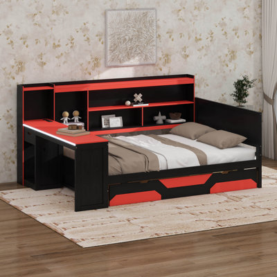Lit de jour de jeu avec bibliothèque et tiroirs de rangement, lit de jour avec bureau intégré et station de charge, cadre de lit de jour en bois avec lumières pour les amateurs de sport