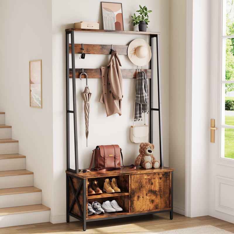 Arbre d'entrée de style industriel avec banc, 6 crochets et armoire de rangement pour chaussures