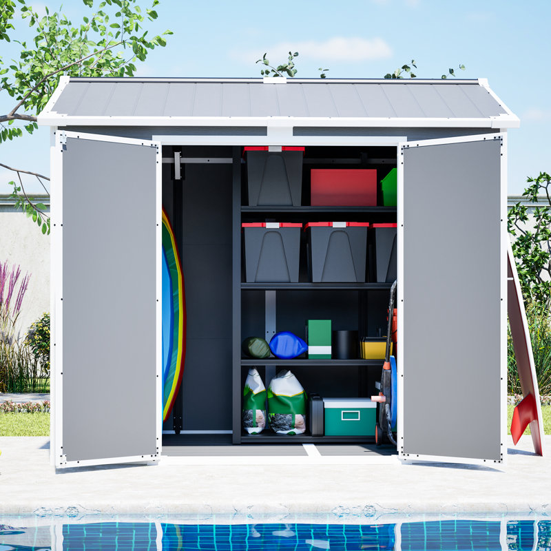 Rangement de jardin en plastique gris de 8 pi x 6 pi, remise verrouillable pour les tondeuses à gazon et les outils, abri extérieur résistant aux intempéries et à l'épreuve de la rouille, plancher utilitaire à assemblage simple, poubelles de rangem