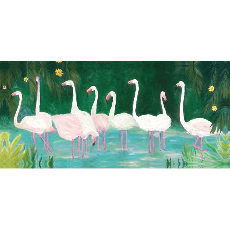 Flamants dans un étang - peinture sur toile tendue, H 20 po x l 30 po