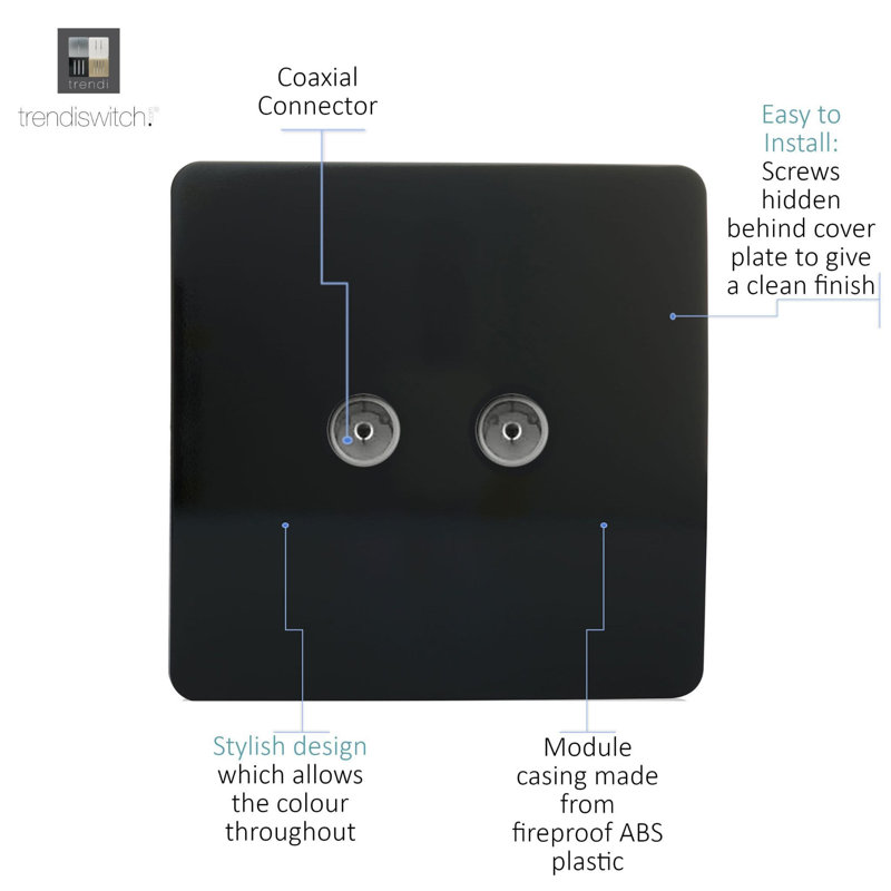 Trendi Switch 2 Gang Female Co-Axial Television Socket, Gloss Black
