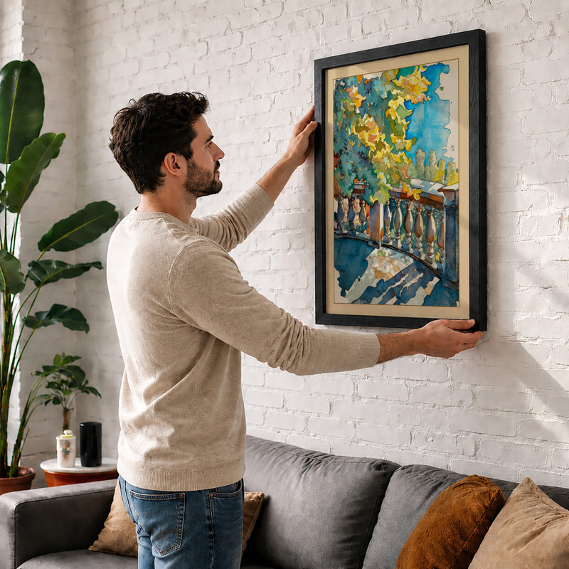 Sunlit Balcony Garden Coastal - Framed Print, A2 - 59.4 x 42.0 cm, White