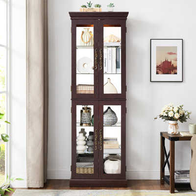 Dark Cherry Wine Cabinet With Sophisticated Illumination System And Adjustable Partition - 72.02 In. High Lighted Living Room Shelf Movable Shelves Color