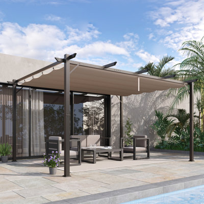Pergola d'extérieur en aluminium 10 pi x 13 pi avec auvent - abri de jardin rétractable. Brun, construction, zone d'ombrage réglable et résistance à l'eau, pavillon de jardin durable. Polyvalent pour barbecue de jardin, stable,