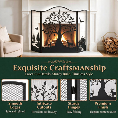 Pare-étincelles 50 po x 36 po à 3 panneaux, pare-étincelles pliable en fer forgé à motif d'arbre, pare-feu thermolaqué