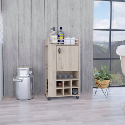 Chariot-bar avec armoire, 6 supports à vin intégrés et roulettes
