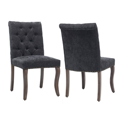 Black Upholstered Dining Chairs Set of 2, Button Tufted Parsons Dining Chairs with Solid Wood Legs, Modern Chenille Fabric Side Chair for Dining Room, Kitchen ,Living Room, Black