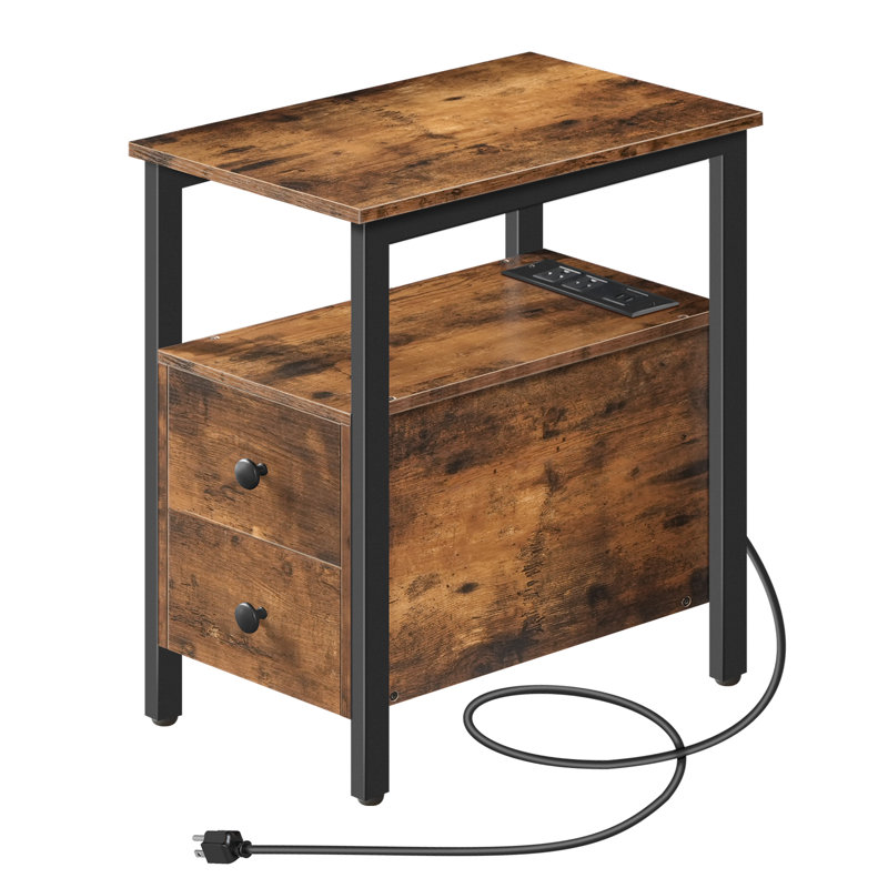 Table de bout à 2 tiroirs avec prises intégrées Artimon, Brun, 1