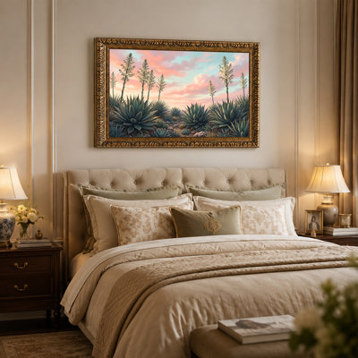 Green Agave Plants With Tall White Flowers At Sunset Canvas Wall Art