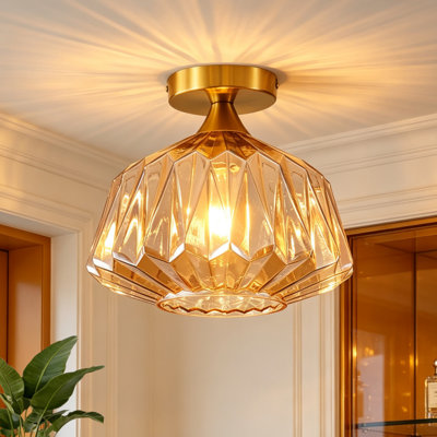 1-Light 11.81" Gold Semi Flush Mount Ceiling Light With Geometric Clear Glass Shade for Dining Room, Kitchen, Entryway, or Living Room