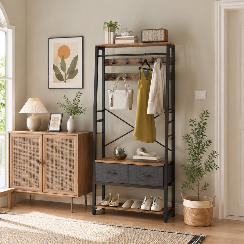 Hall Tree 80cm Wide with Bench and Shoe Storage, Brown