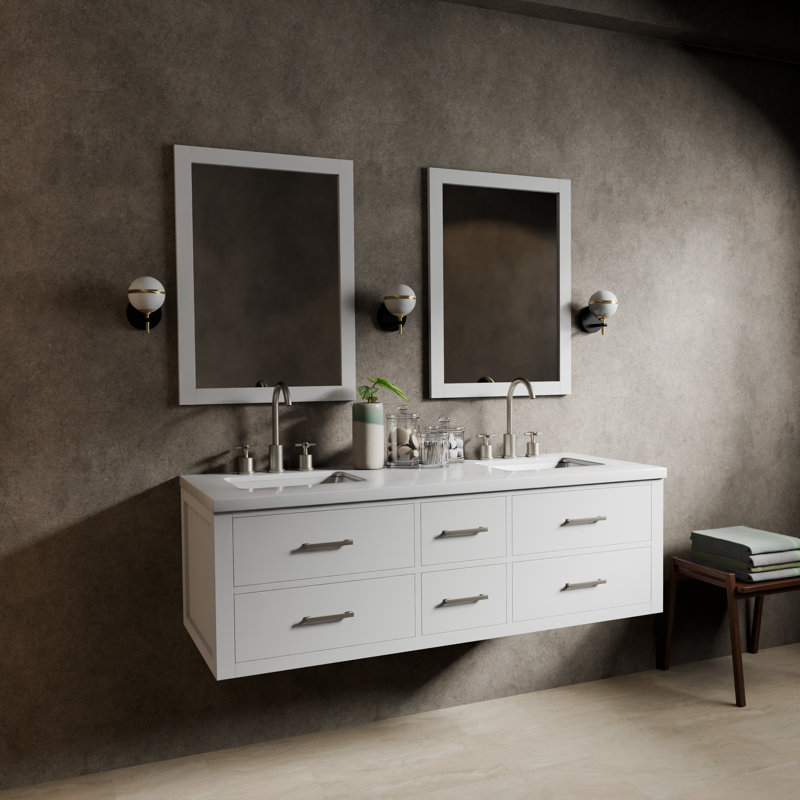 60" Wall-Mounted Double Bathroom Vanity Set, White, White Quartz