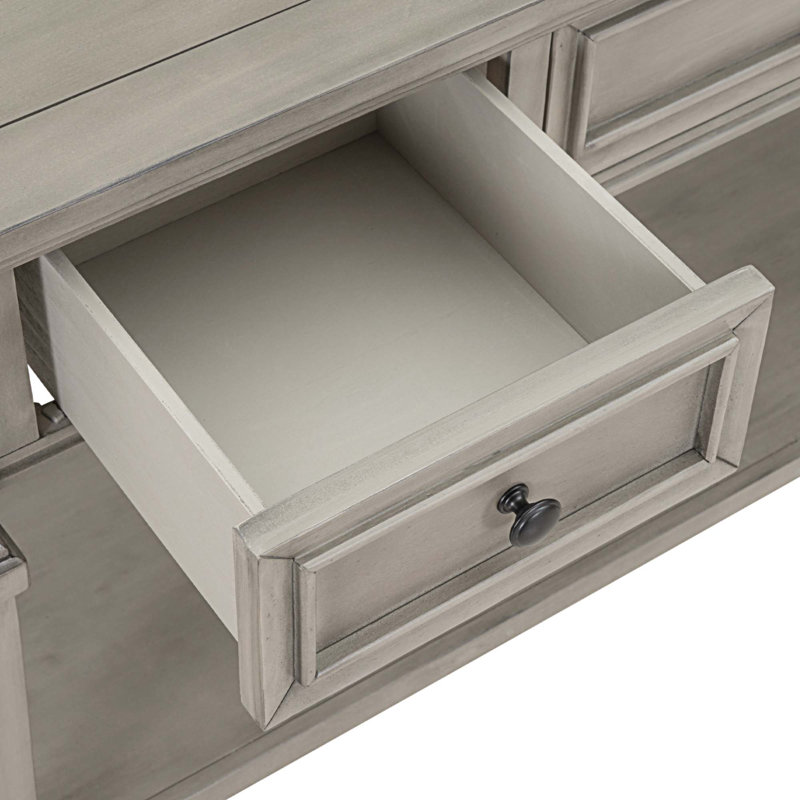 Console de style rétro classique avec trois tiroirs supérieurs et tablette inférieure ouverte, Gris délavé