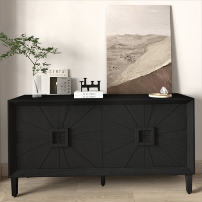 60" Premium Rustic American Farmhouse Credenza in Elegant Black - Symmetrical Sunburst Door Design, Heavy-Duty TV Stand with Adjustable Shelves, Black Wood Storage Cabinet