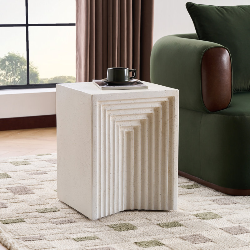 Cayson Outdoor Geometric Texture MGO Side Table with Sculptural Cube Form