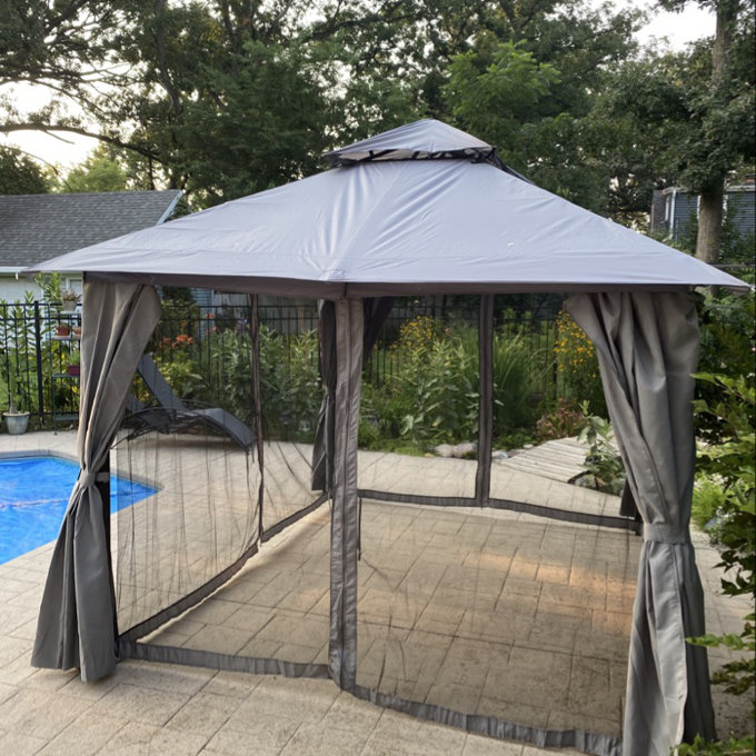 Jolydale Outdoor Soft Top Gazebo with Double Roof, Canopy Gazebo with Mosquito Netting and Curtains, Suitable for Patios, Lawn and Backyard - Gray, 12 Ft x 10 Ft