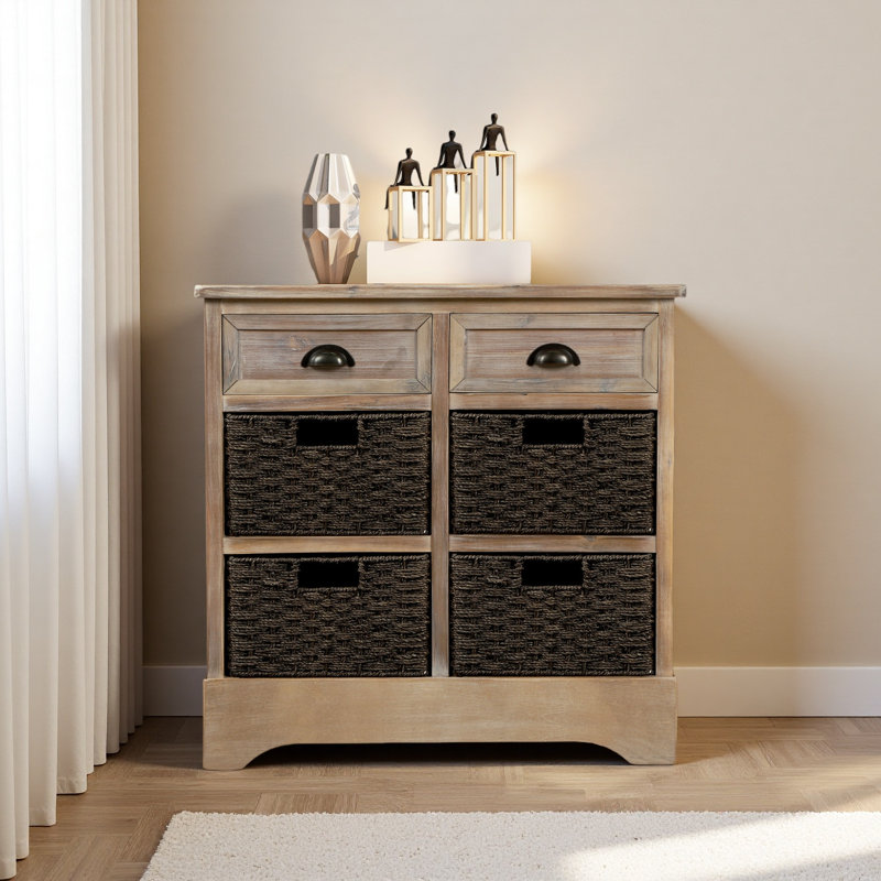 Armoire de rangement rustique avec deux tiroirs et quatre paniers en rotin classiques pour la salle à manger / salon