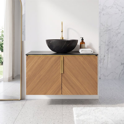 30" Plywood Floating Bathroom Vanity in Brown Oak with Black Sintered Stone Top & Ceramic Vessel Sink, Easy to Assemble