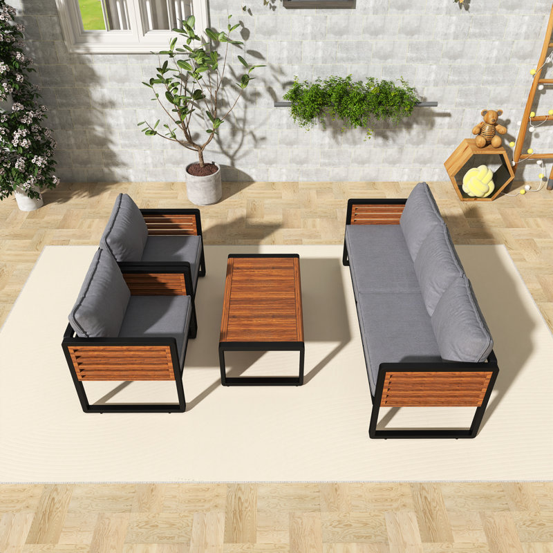 Canapé d'extérieur 72,44 po en métal et bois avec coussins gris, Gris